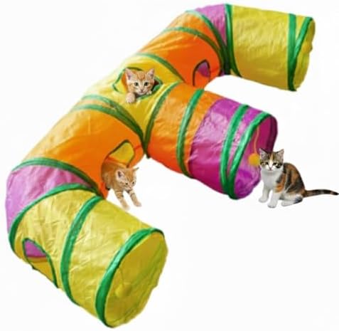 E-3-Way Cat Tunnel for Indoors Cats with Peek Holes & Hanging Balls