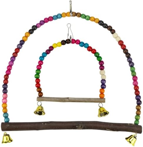2 Pcs Wooden Bird Swing for Cockatiels Parakeets - Natural Wood Perch Hanging Toy with Colorful Beads Bell, Birdcage Climbing Accessories for Lovebirds Conures Budgies