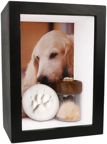 Dog Memorial Shadow Box Frame 5x7 with Paw Print Kit and Fur Keepsake Box Small Pet Memorial Frame Box for Dogs and Cats that Passed Pet Death Sympathy and Remembrance Gift for Pet Owners