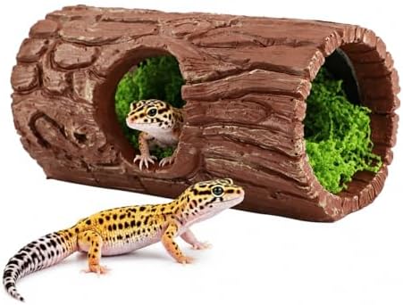 Reptile Hide Cave, Resin Hollow Tree Trunk Hideout with Faux Moss Set, Reptile & Amphibian Habitat Hideouts, for Arboreal Reptiles, Hermit Crabs, Leopard Gecko, Lizard Terrarium Decor
