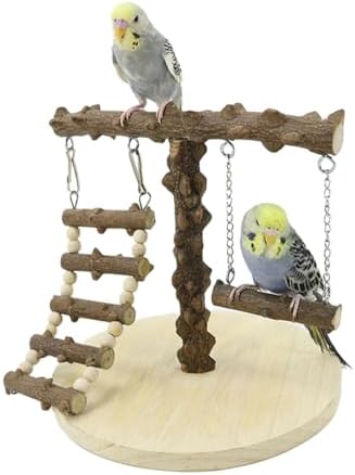 Natural Wood Parrot Play Stand, Bird Gym with Ladder and Swing, Training Station, Climbing Playground for Budgies, Cockatiels, Lovebirds,Conures Small to Medium Birds