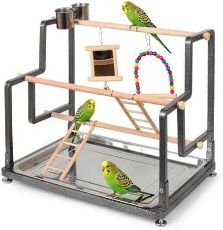 Bird Playground for Indoor Use, Table Collapsible Bird Playstand for Top of Cage, Mirrow Swing Cups 2 Ladders for Small to Medium Size of Cockatiel Parakeet Conure (Wood Ladder)