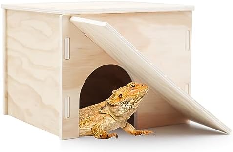 Bearded Dragon Hide Cave, Wooden Reptile Hideout with Climbing Ramp