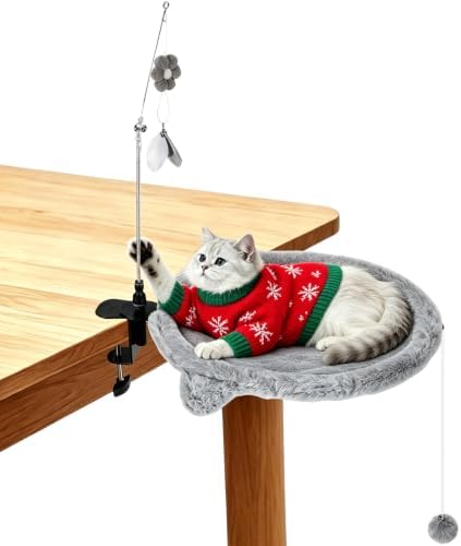 Plush Round Desk Mounted Cat Bed with Interactive Toys & Detachable Teaser Wand – Clamp-On Adjustable Cat Hammock for Desk, Space-Saving Elevated Cat Perch Holds up to 25 lbs