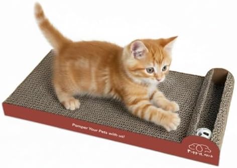 PuppyLamb 2-in-1 Cat Scratcher Board with Interactive Rolling Bell Ball - Durable Corrugated Cardboard Scratching Pad, Heavy Duty Furniture Protector & Stress Relief Toy (16.5")