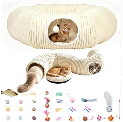 Cat Tunnel Bed with 30 Pcs Interactive Cat Toys, Cat Tube with Kitten Toys for Indoor Kittens, Collapsible Play Tunnel, White