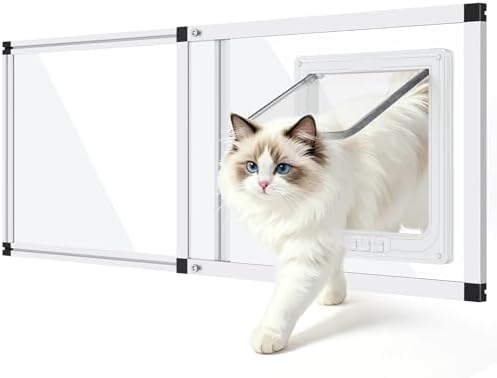 Unbreakable PC Cat Door for Window – 100% Polycarbonate | No Metal Frame & Glass | Fits 22"-28.5" Width Window, 1-Min Install, Adjustable Window Cat Door Insert with 4 Locking Models