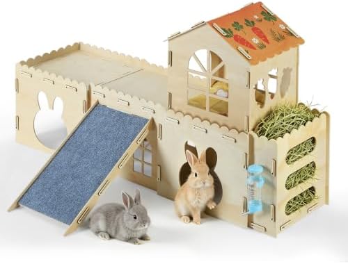 Rabbit Castle Wooden Bunny House,2-Level Small Animal Habitat with 4 Houses,Ramp,Mat,Hay Feeder,Indoor Hideout for Rabbits,Guinea Pigs & Chinchillas (43.3"x11.4"x24")