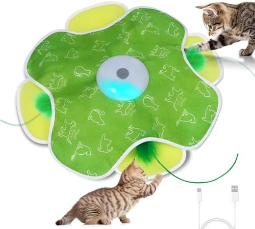 Saolife Interactive Cat Toys with Moving Feather Concealed in Mat, Rechargeable Cat Exercise Toys for Bored Cats with Motion Activated, Mouse Squeaky (Green)