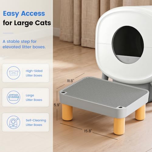 Large Litter Box Step for Big Cats, 15.8" x 11.8" x 5.9" Litter Box Ramp/Catcher with Wooden Base, Anti-Tracking Litter Catcher, Easy to Clean, for Large and Automatic Litter Boxes, Gray