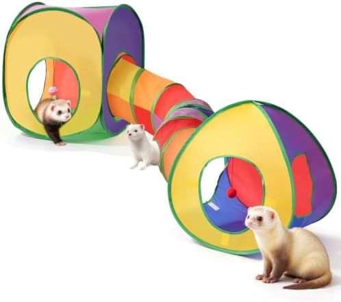 Foldable Ferret Tunnel, 3-in-1 Portable Pop Up Small Animal House with Hanging Ball, Easy to Store and Carry for Indoor Outdoor Ferret, Rabbit, Guinea Pig