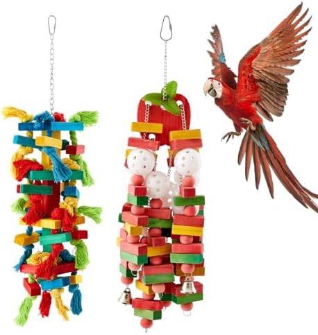 Seenelling 2 Pcs Extra Large Bird Parrot Toy, Multicolored Atural Wooden Bird Chewing Toy Parrot Cage Chewing Toys for Large Medium Macaws Cockatoos African Grey Parrots Birds