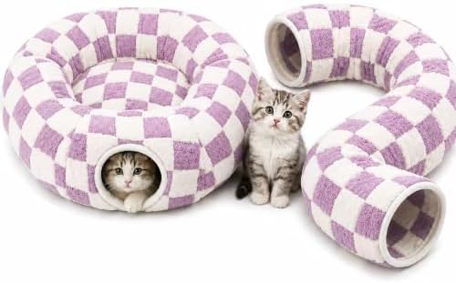 Cat Tunnel Bed with Washable Cushion for Indoor Cat, Donut Cave Tube Toys for Kitten Puppy Rabbit, Purple