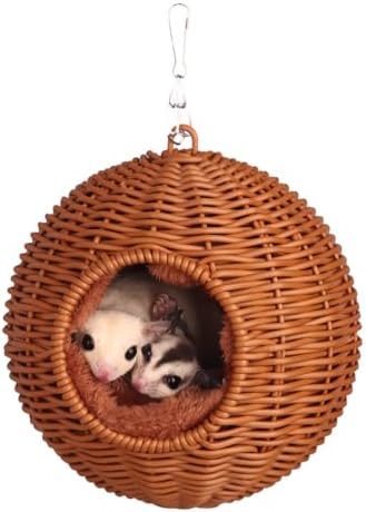 Small Animal Hammock, PP Rattan Hiding Place with Removable Cotton nest, Suitable for Hamsters, Guinea Pigs, Rats, Sugar Gliders, Squirrels, Parrots (Brown)