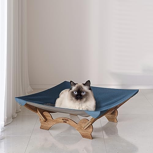 Large Cat Bed Hammock Cradle Cats Accessories 22 X 22 Inch Elevated Pet Bed for Window Perch for Large Cats or Kitty Easy Assembly Cat Furniture Gift (Classic Blue & Walnut Wood)
