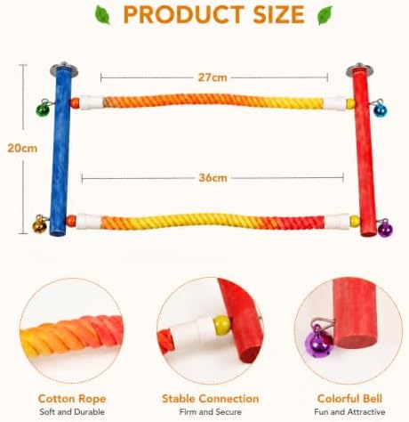 Bird Rope Perch for Cage, Climbing Perch with Bells, Long Activity Stand for Cockatiels, Conures, Parakeets and Budgies, Bird Cage Accessories for Climbing, Standing and Playing