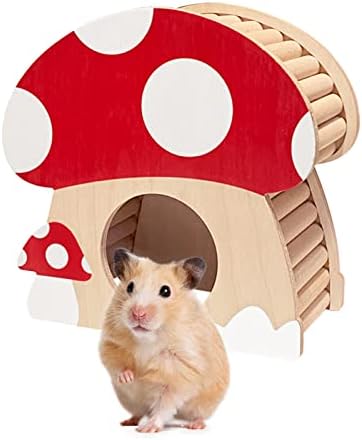 Hamster Mini House, Mushroom-Shaped Wood Hide Home for Dwarf Hamsters, Rat, Gerbils, Syrian, Mice, Small Animals Hideout Habitat Hut, Wooden Hamster Hideaway Toys, Indoor Cave Cage Accessories
