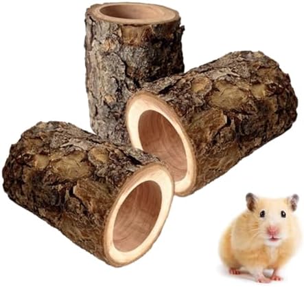 Natural Apple Wood Hamster Tunnel Hideout, 3 Pack Wooden Small Animal Hideaway, Hamster Cage Accessories for Dwarf Hamsters Syrian Hamster Rest Hiding
