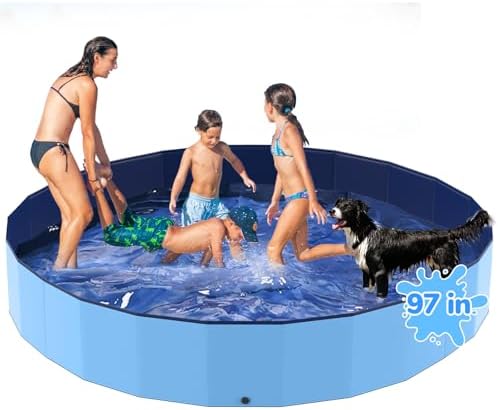 97'' Foldable Dog Pool, Kiddie Pool, Plastic Non-Slip Kids Pools, Heavy Duty Dog Pad for Large Dogs, Oversized Pet Dogs Bathtub, Indoor and Outdoor Kids Pet Wading Pools