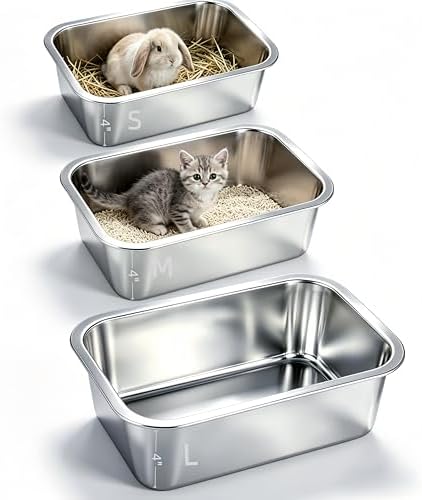 3 Pcs Stainless Steel Rabbit Litter Box with Scoop & Non-Slip Feet Mats, Easy Clean Metal Pan for Rabbits Cats Small Animal, No Smell, Non Stick, 4In Low Entry (L+M+S)
