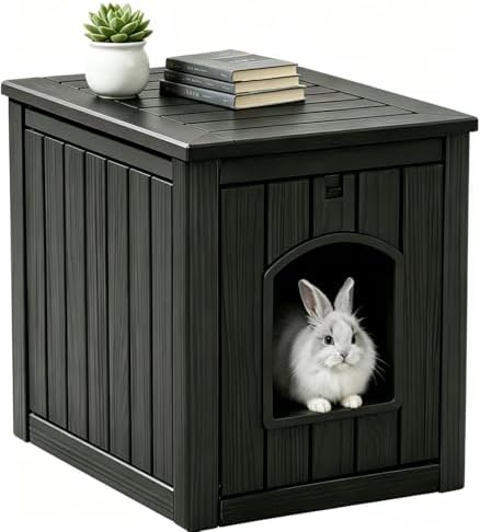 Rabbit Hideout Small Animal Habitat,Litter Box Enclosure Resin Weatherproof Black Bunny House, Multi-Functional Small Pet Hutch for Indoor/Outdoor Use, Ideal for Large Rabbits, Guinea Pigs & Ferrets
