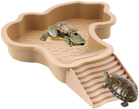 Large Reptile Bathing Pool Turtle Food Water Bowls with Ramp Aquarium Ornament for Turtle Horned Frog Lizard Gecko Snake (Brown)