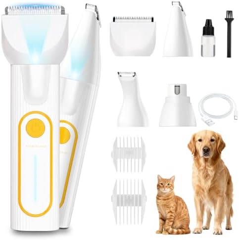Dog Paw Trimmer, Low Noise Paw Hair Trimmer for Dogs with LED Light Wireless Pet Shaver, Suitable for Claws, Ears, Face, HIPS and Eyes(Orange) (White, 4-in-1)