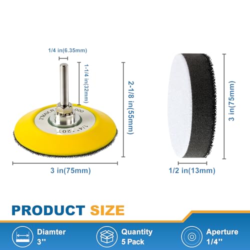 S SATC 3 Inch Hook and Loop Sanding Pad for Sanding Disc with 1/4 Inches Drill Sanding Attachment and Foam Sanding Pads for Polish Wood Metal Glass, 5 Packs