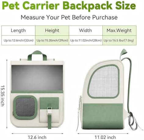 Large Cat Backpack Carrier with Front Window & Super Large Space, Designed for Long Adventures Travel Hiking, Pet Carrier Backpack for Cats Small Puppies up to 16.5lbs, Green White