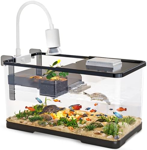 (Tank + Light + Filter + Filter Balls) Turtle Tank Kit, Turtle Tank Starter Kit,Bottom Drainage, Multi-Function Areas for Turtles, Crabs,Fishes, Amphibians,Reptiles. (21.65 × 12.28 × 12.28 Inch)