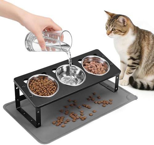 Upgraded Elevated Cat Bowls with Food Mat for Indoor Cats, Black