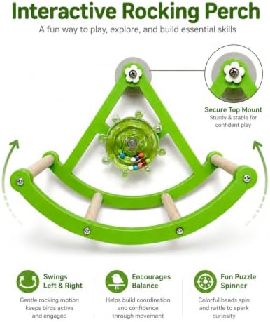 Rocking Bird Perch Toy - Interactive Bird Swing with 4 Wooden Perches, Exercise Wheel & Quiet Play Stand for Parakeets, Cockatiels, Conures, Budgies, Parrot Cage Accessories，Green