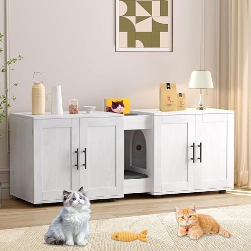 Cat Litter Box Enclosure, 55“ Large Hidden Litter Box Furniture with Double RoomsFarmhouse Wooden Cat Washroom for Bedroom Living Room, White