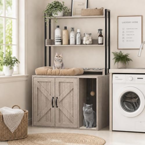 55" H Large Cat Litter Box Enclosure, Hidden Litter Box Furniture Cat Cabinet with Storage Shelves & Charging Sockets