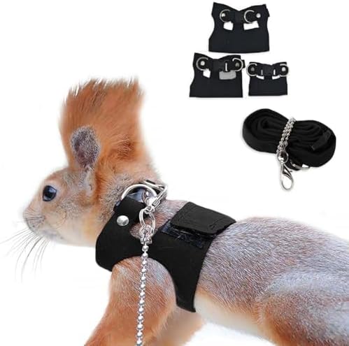 3 Pack Squirrel Harness and Leash Set - Adjustable Traction Rope Strap Anti-Biting Chain,Small Animal Training Walking Vest Leash for Squirrel Gerbil Chinchilla Rat (Black, 3 Pack(S/M/L))