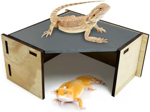 Tfwadmx Bearded Dragon Basking Platform with Hideout Wooden Lizard Hideout Reptile Slate Rocks Basking Platform with Hiding Cave Tank Accessories for Lizards Snakes Tortoise