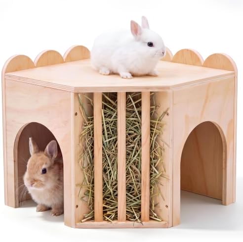 Wooden Bunny Corner Hideout Large Rabbit House with Hay Feeder