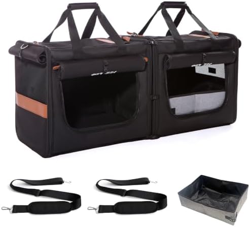 Large Cat Carrier for 2 Cats, Soft Sided Folding Pet Carrier with Litter Box, (16.5" x2) x12.6"x15.5" Dual Cabin with Zipper Locks, Comfortable Design for Travel