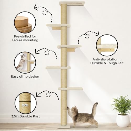 Wall Mounted Cat Tree, 80" Tall Cat Climbing Tower with Sisal Scratching Post & 5 Perches, Space Saving Cat Wall Furniture for Indoor Cats, Vertical Cat Wall Shelves and Perches, Beige