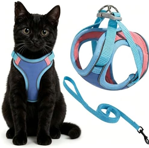 Cat Harness and Leash, Escape-Proof Cat Harness Set, Adjustable Step-in Pet Harness for Walking for Small Medium Cats/Dogs-Blue (M ： 4-9 IB)