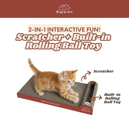 PuppyLamb 2-in-1 Cat Scratcher Board with Interactive Rolling Bell Ball - Durable Corrugated Cardboard Scratching Pad, Heavy Duty Furniture Protector & Stress Relief Toy (16.5")