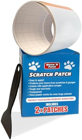 MATCH 'N PATCH Door Scratch Protector - Clear, Self-Adhesive Plastic Door Guard for Dogs & Cats - Pet Wall Protector with Application Scraper (34.5 x 4 Inches, 2 Patches)