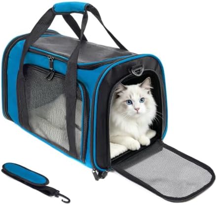 Soft Sided cat Carrier Bag Breathable Mesh Cat Dog Travel Carrier with Hand & Adjustable Crossbody Shoulder Strap (Blue, 17.0''L × 12.6‘’W × 11.9‘’H)