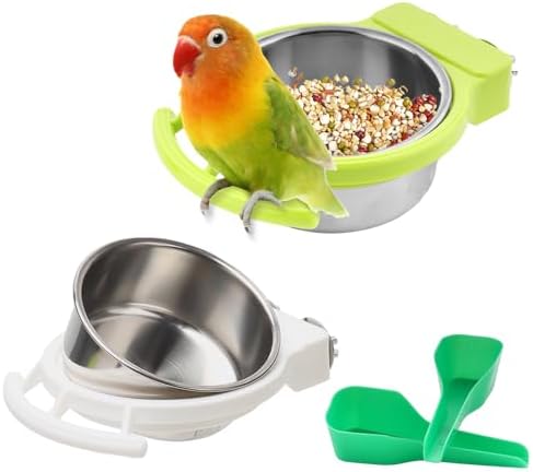 2 Pack Bird Detachable Bowl Stainless Steel Feeder Feeding Dish Water Cup Perch Stand with 2 Pcs Spoon for Bird Parrot Canary Finch Parakeet Budgie Cockatiel Lovebird