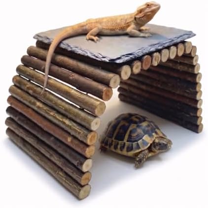 Bearded Dragon Tank Accessories – Rock Basking Platform with Wooden Climbing Ramp, Basking Rocks for Bearded Dragons, Reptile & Amphibian Habitat Hideouts for Tortoise, Gecko & Snake.