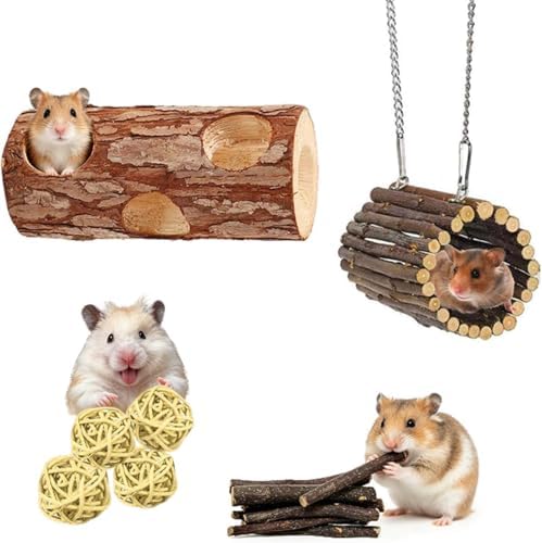 Natural Wooden Hamster Tunnels & Hideouts–Chew-Safe Birch Trunk Tubes(4pcs)
