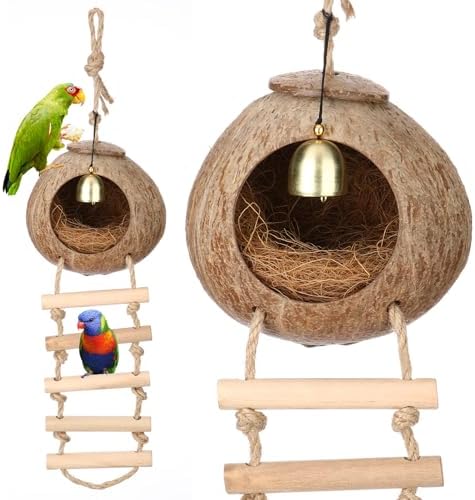 Briwooody Coconut Shell Bird Nest House Breeding Bed Nestingand Anti-Pecking Bite with Natural Coir Fiber Bird Nest Toy Bell for Parrot Budgie Parakeet Cockatiel Conure Lovebird Canary Finch(Classic)