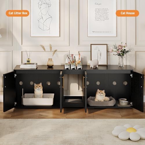 Modern Double Room Cat Litter Box Enclosure for Two Cats – Large Wooden Hidden Cat Washroom Cabinet with Storage Shelf & Soft Cushion – Multi-Functional End Table or TV Stand – Black