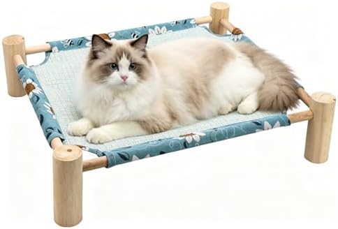 Bedside Cat Bed, Elevated Cat Bed with Double-Sided Mat, Breathable Mesh Wooden Frame, Detachable Washable Portable Bed for Small Dogs & Cats