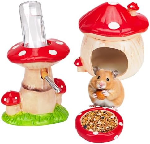 Ceramic Hamster Cage Accessories: Set Include Mushroom Hamster Hideout, Water Bottle and Food Bowl, Ideal for Gerbils and Guinea Pigs